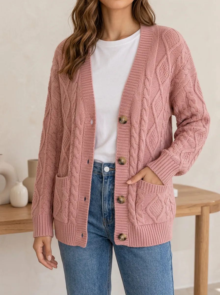 Women's Minimal Layered Cable Knit Button Front V Neck Cardigan