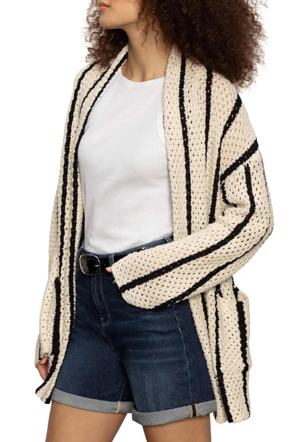 Striped Openwork Oversized Relaxed Cardigan