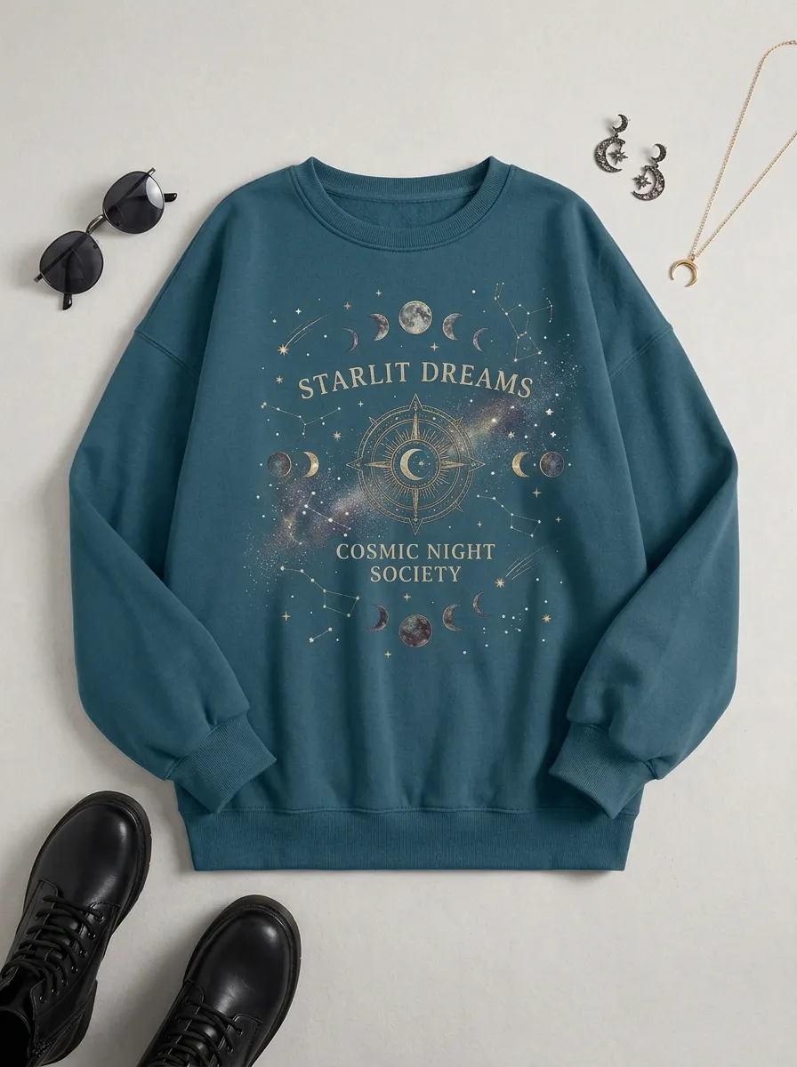 Women's Starlit Dreams Cosmic Night Society Moon Constellation Printed T-shirt