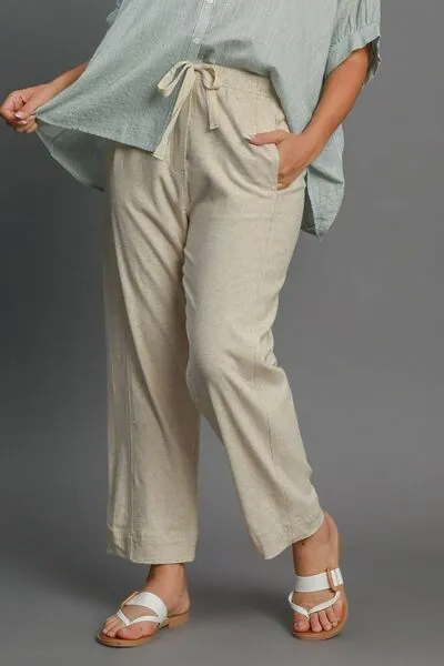 Full Size Drawstring Elastic Waistband Linen Blend Pant