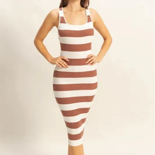 Striped Scoop Neck Wide Strap Knit Dress