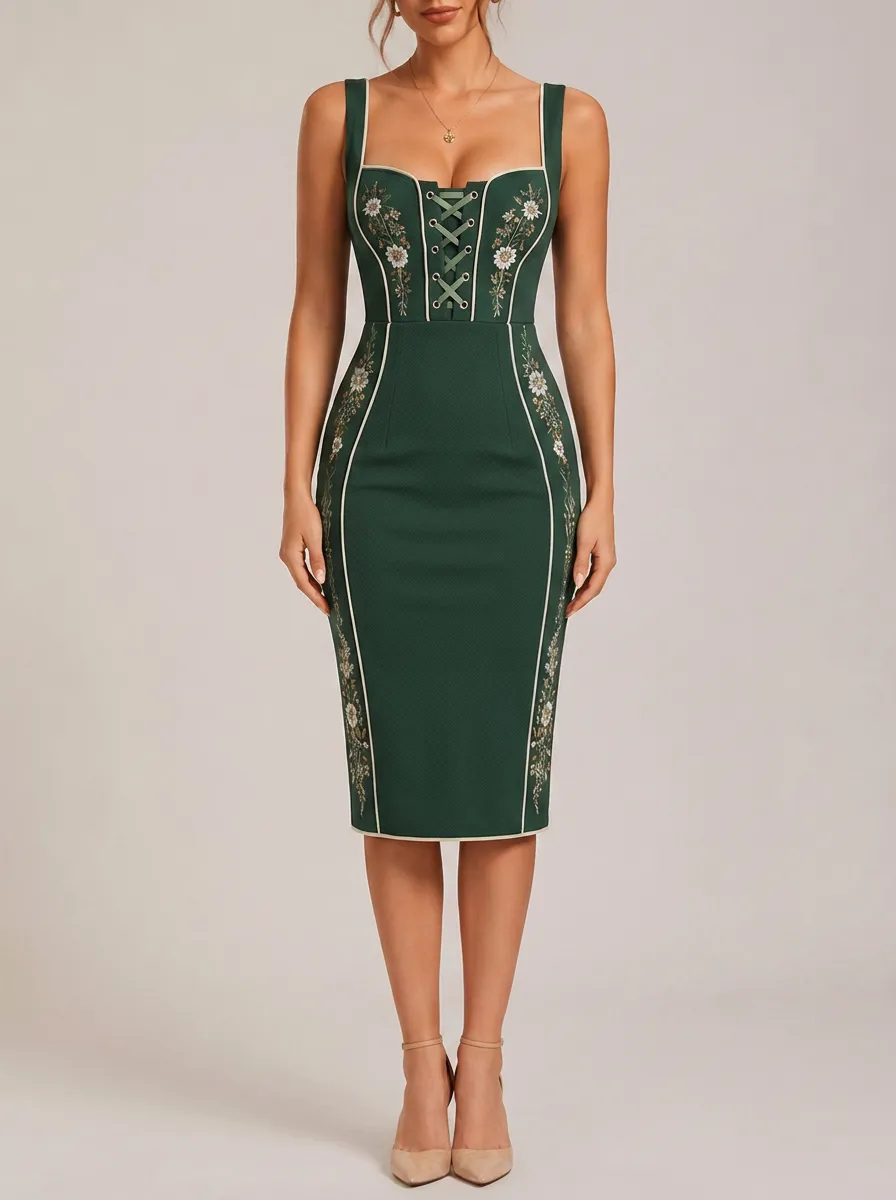 Women's Lace-Up Floral Folk Bodycon Dress