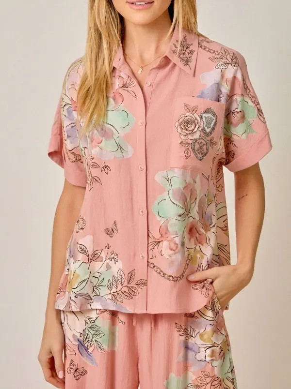Women's Floral Butterfly Chain Printed Button-up Shirt