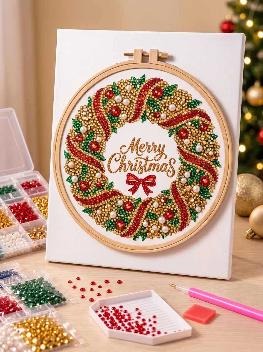 Wreath Merry Pearl-Accent Christmas DIY Diamond Painting Kit
