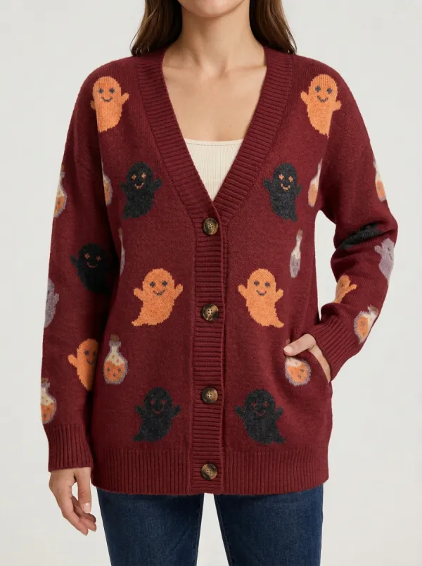 Women's Halloween Ghost Potion Pattern Knitted Cardigan