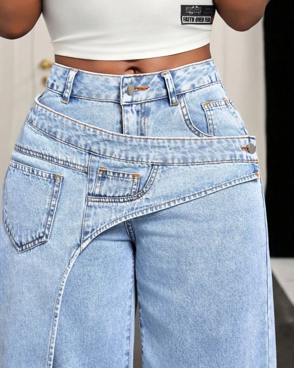 Asymmetric-Pocket Wide-Leg Jeans