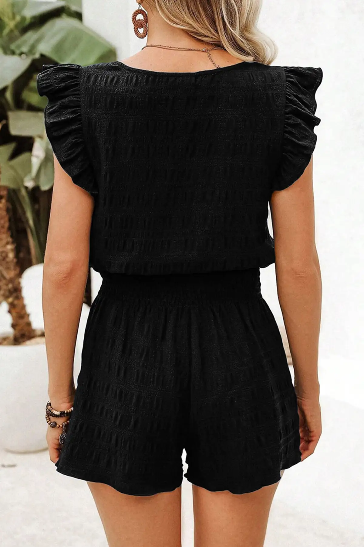High-Waist Shirred-Waist Textured Two-Piece Top and Shorts Set