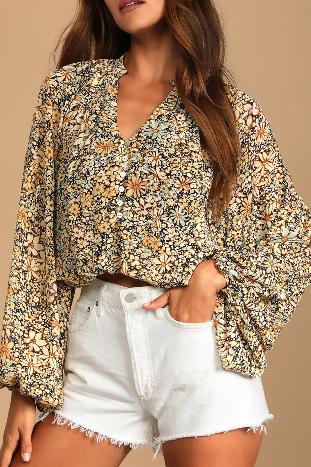 Casual Style Long Sleeve  Multi Floral Print Top