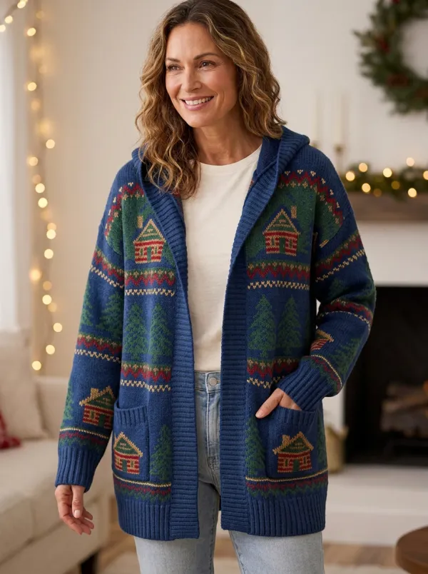 Christmas Holiday Cabin Tree Pattern Print Hooded Cardigan