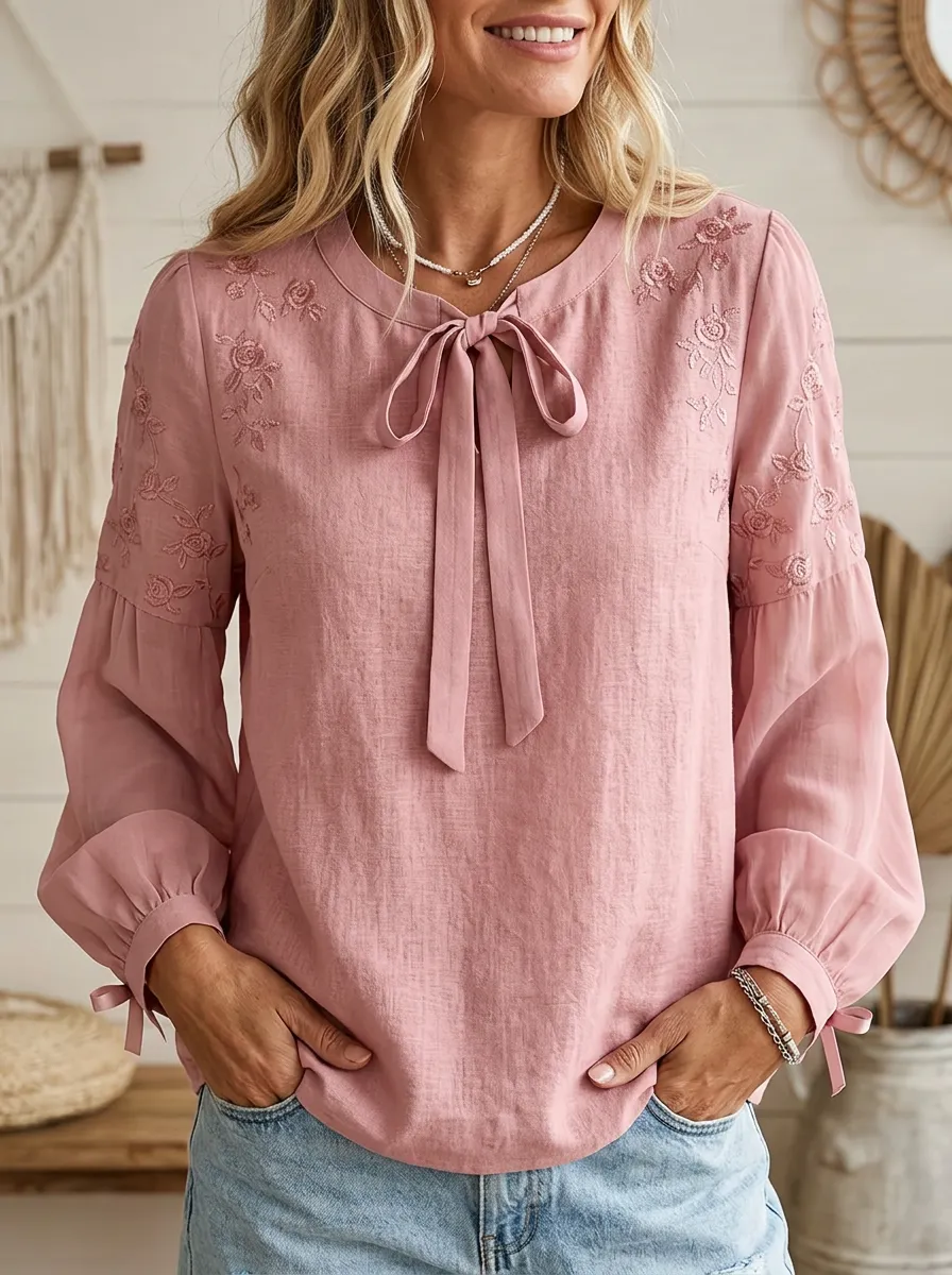 Women's Round Neck Tie-neck Floral Embroidered Blouse