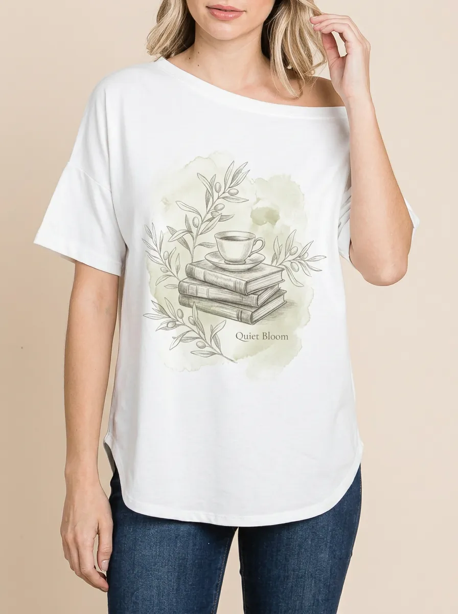 Women's Book Lover Coffee Olive Branch Printed T-shirt