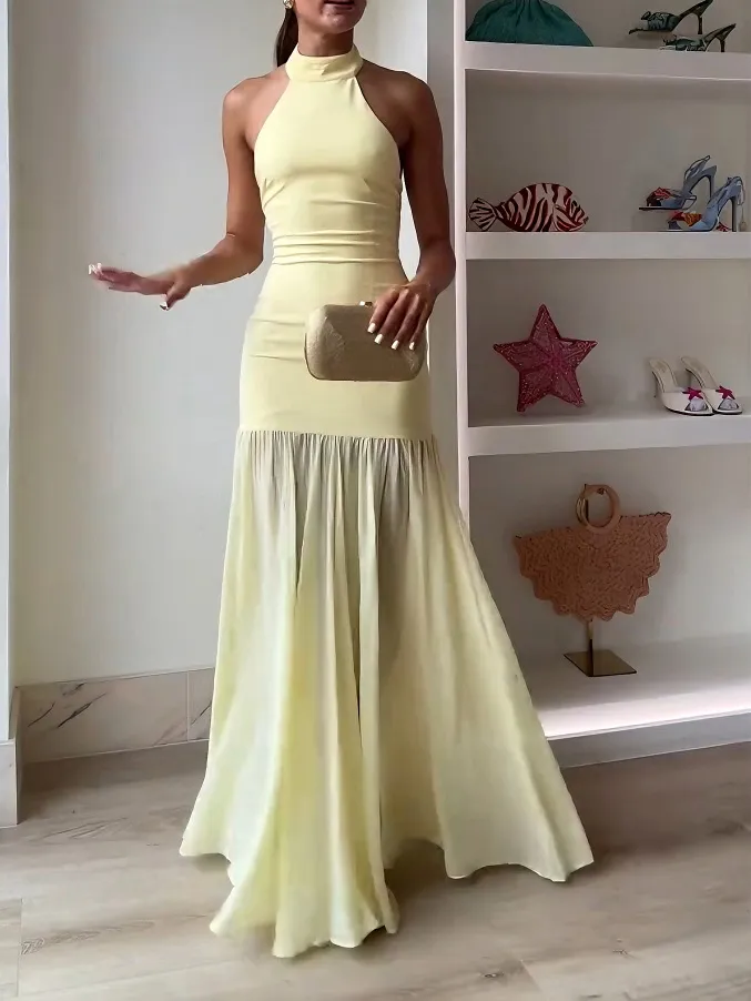 Halter Neck Ruched Drop Maxi Dress