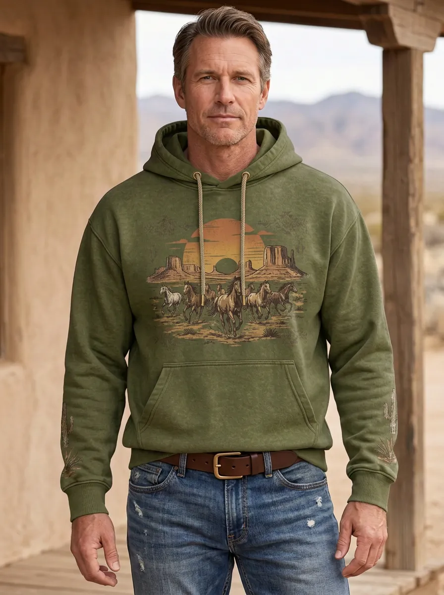Men's Western Cowboy Horse Sunset Sun Graphic Hoodie