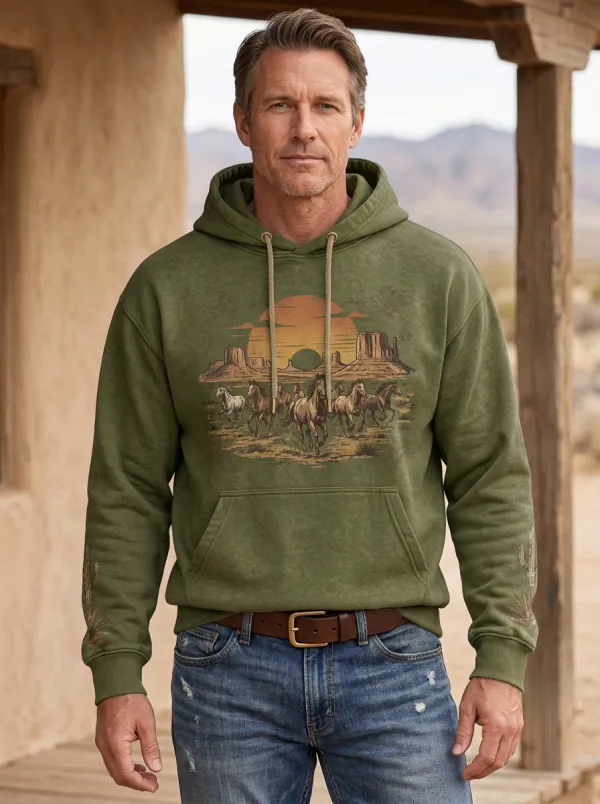 Men's Western Cowboy Horse Sunset Sun Graphic Hoodie