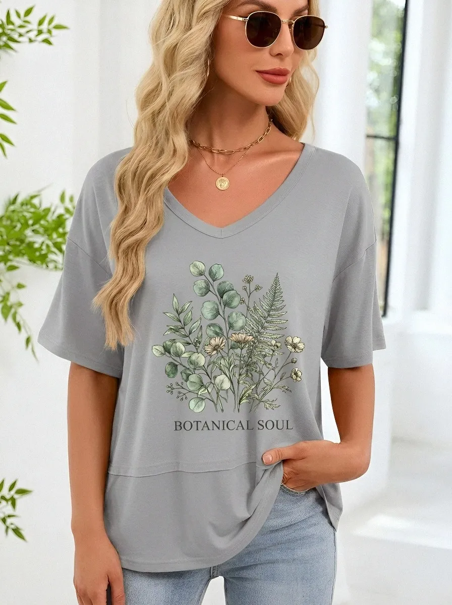 Women's Botanical Soul Nature Plant Printed V-neck T-shirt