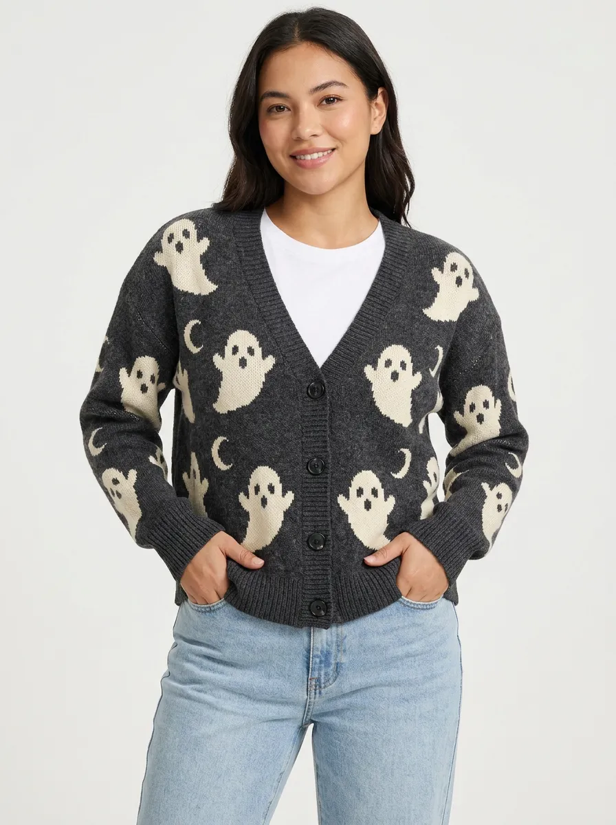 Women's Halloween Ghost Moon Pattern Knitted Cardigan