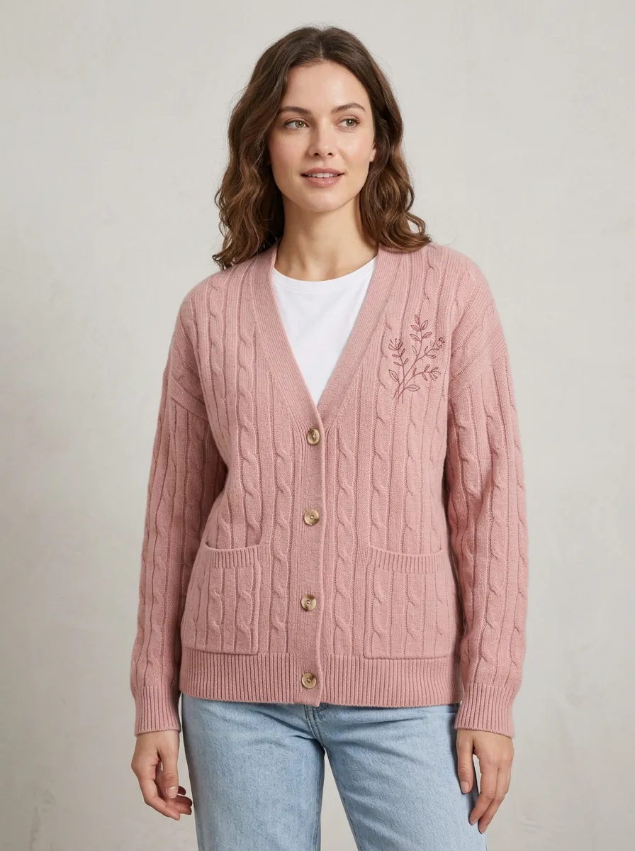 Women's Floral Botanical Embroidered Pink Cable Knit Cardigan