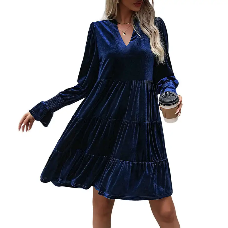 Women's V-Neck Velvet Ruffled Evening Dress