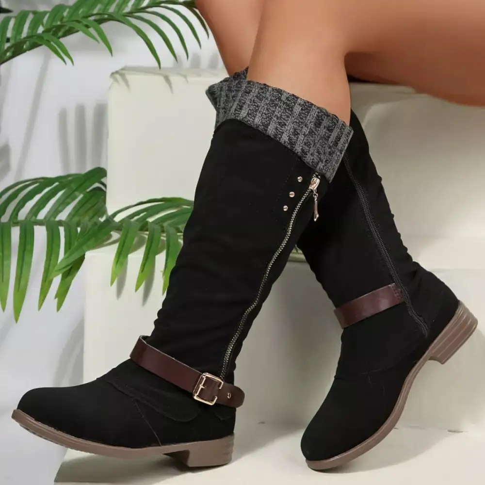 Ruffled Round Toe Block Heels Boots