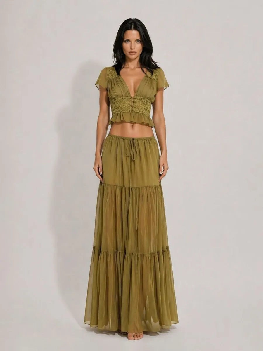 Mariana Mesh & Lace Deep V-Neck Maxi Skirt Set with Ruffles