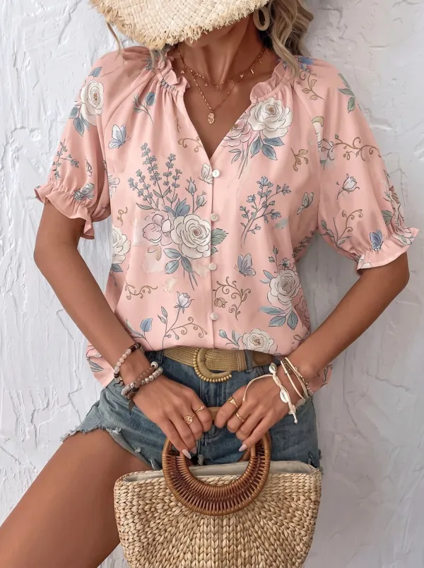 Women's Floral Butterfly Botanical Printed Button-Up Blouse