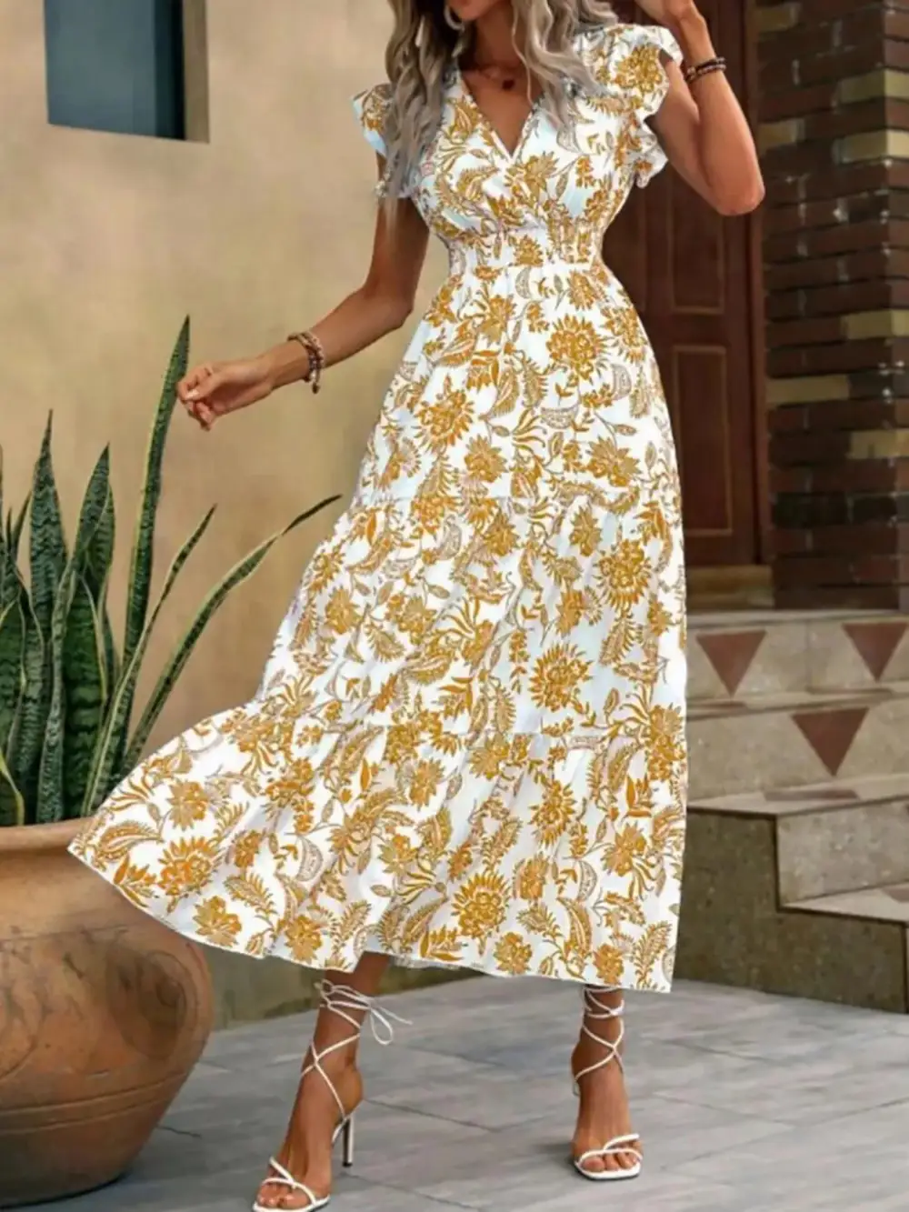 Ruffle Ruffle Sleeve Midi Dress