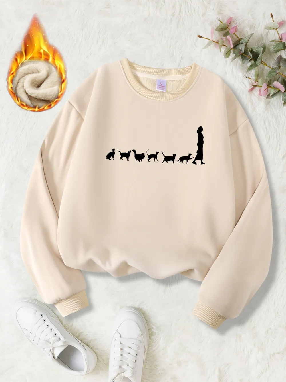 Casual Long-Sleeve Cat Print Sweatshirt