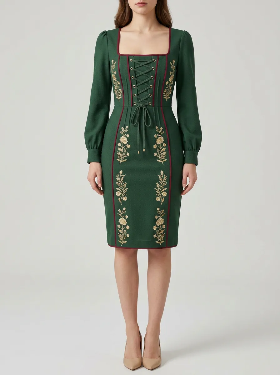 Women's Floral Lace-Up Embroidery Dress