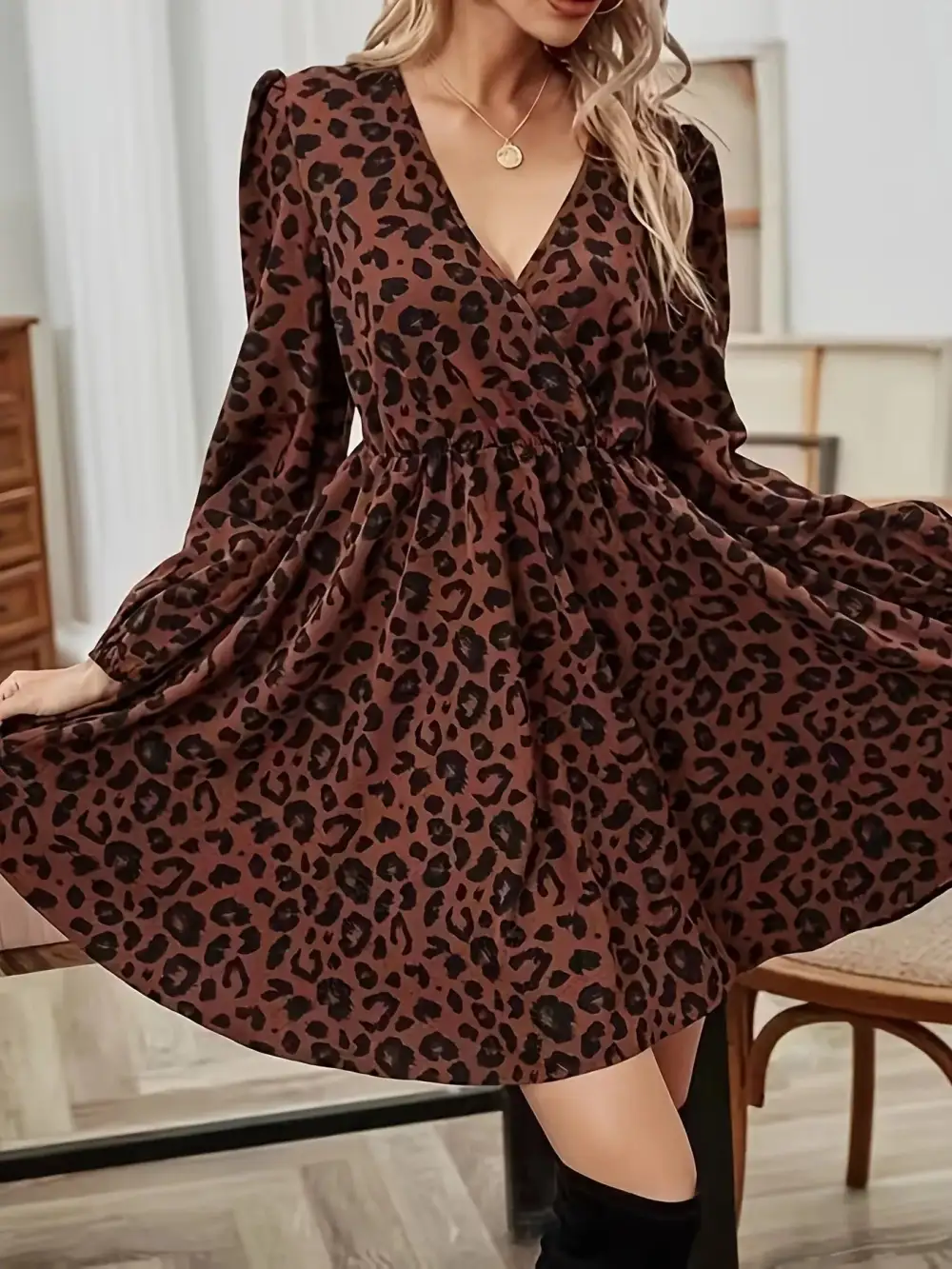 Finish Animal Print V Neck Long Sleeve Mini Dress