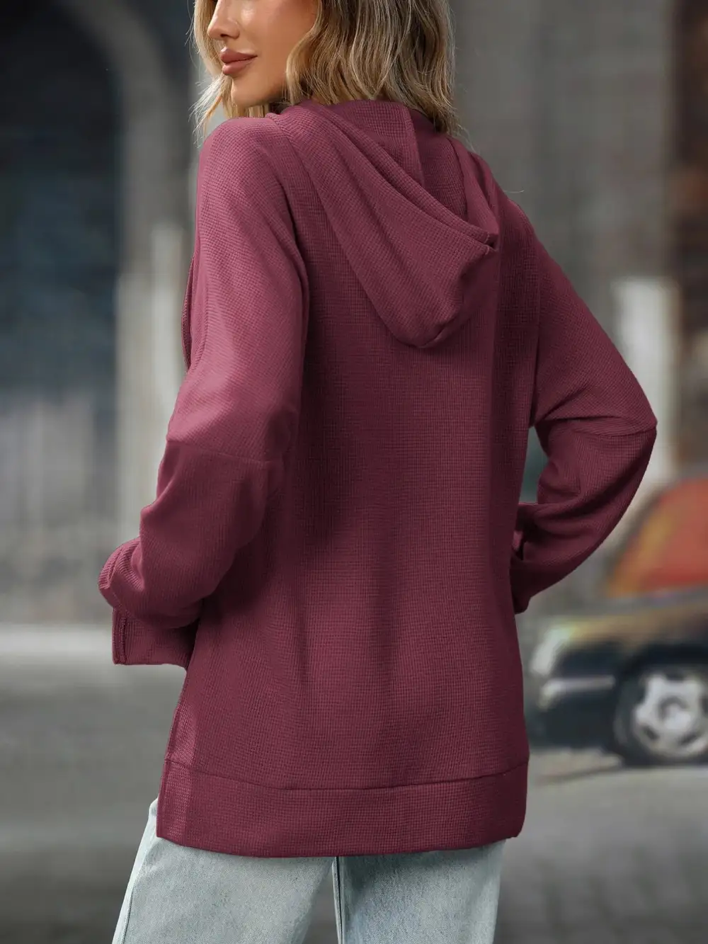 Refined Drawstring Pocketed Long-Sleeve Textured Hoodie