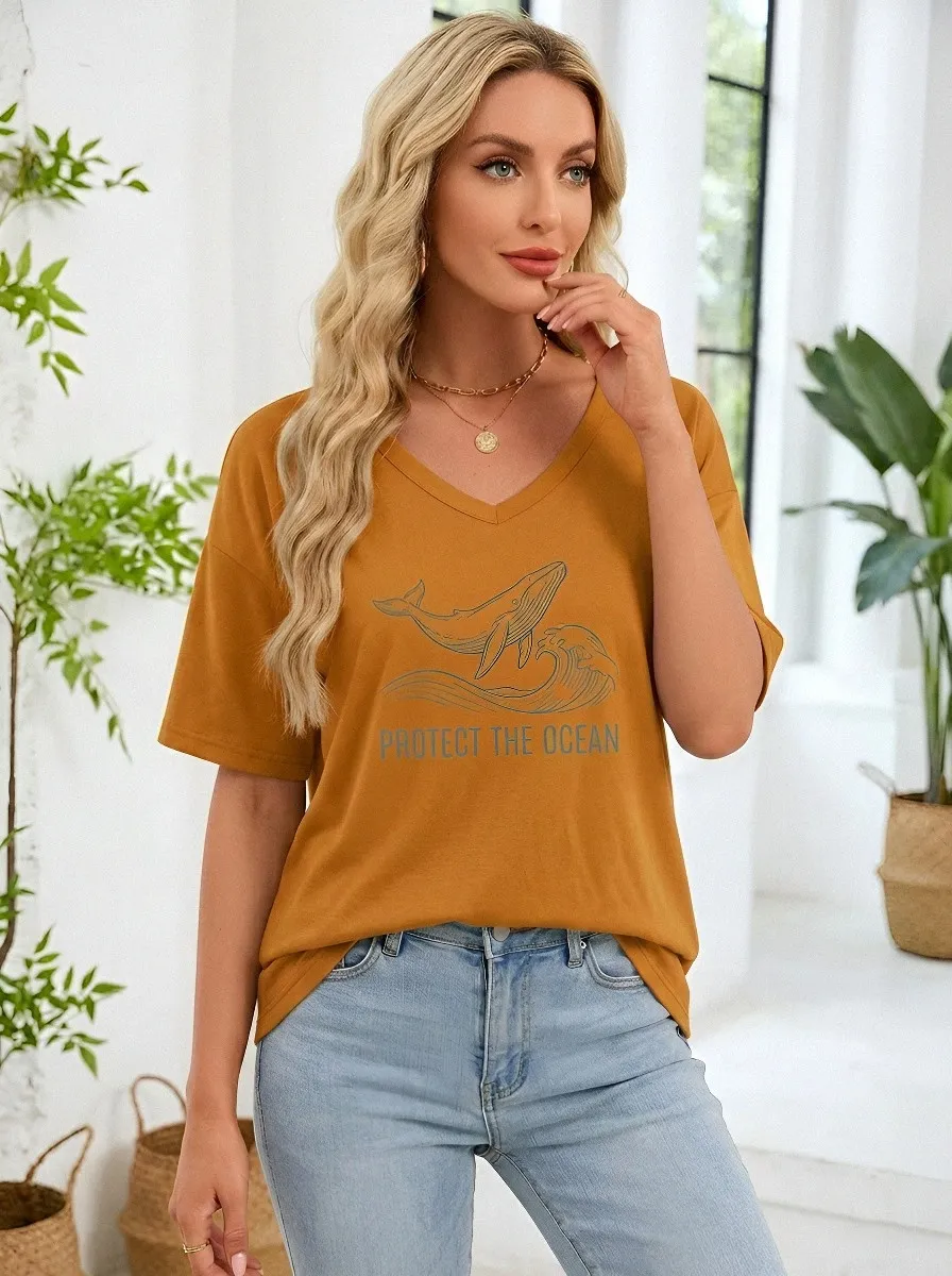 Women's Ocean Lover Whale Protect The Ocean Printed V-neck T-shirt