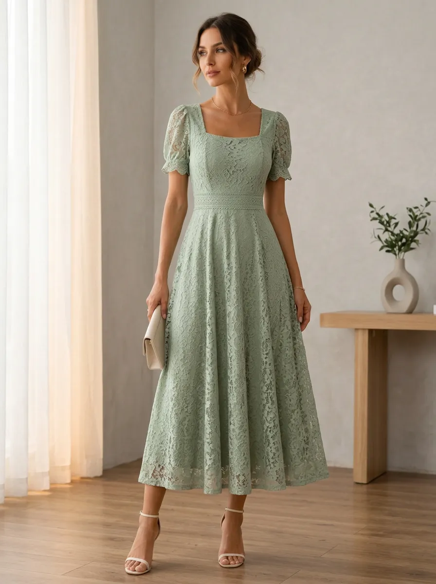Women's Sage Green Floral Lace Square Neck Puff Sleeve Midi Dress