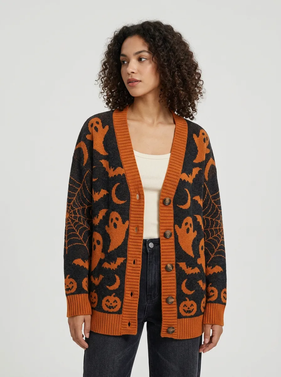 Women's Ghost Pumpkin Bat Spiderweb Halloween Knit Cardigan