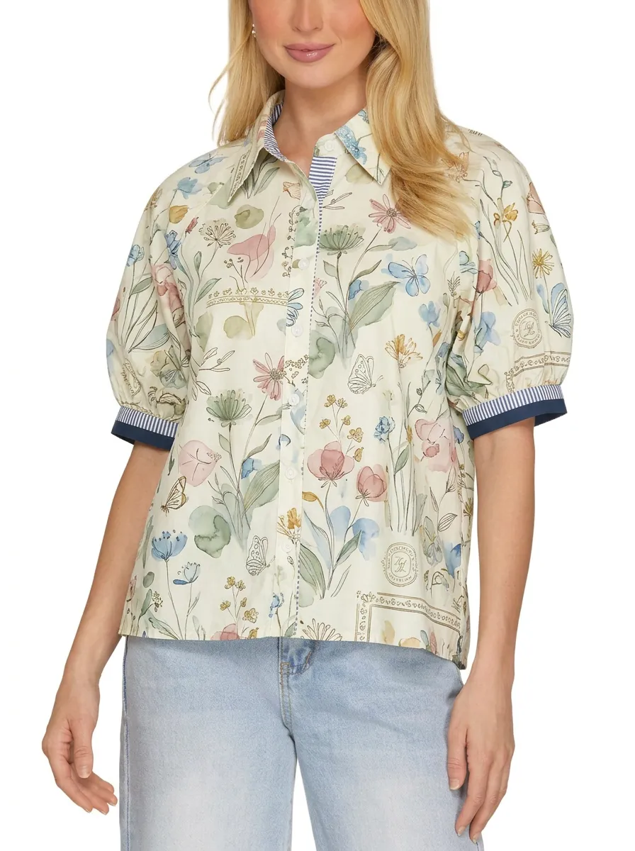 Women's Floral Butterfly Botanical Printed Puff Sleeve Shirt