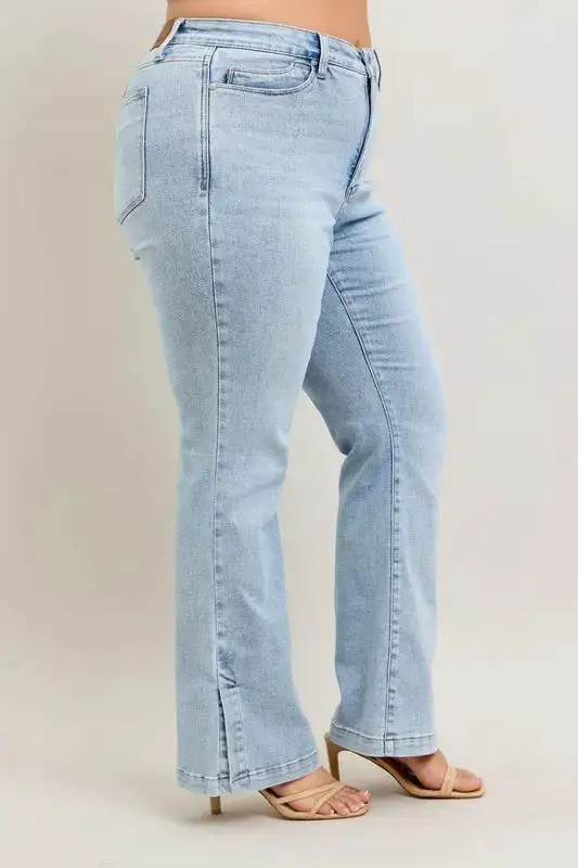 Full Size Tummy Control Vintage Wash Side Slit Slim Boot Jeans Plus Size