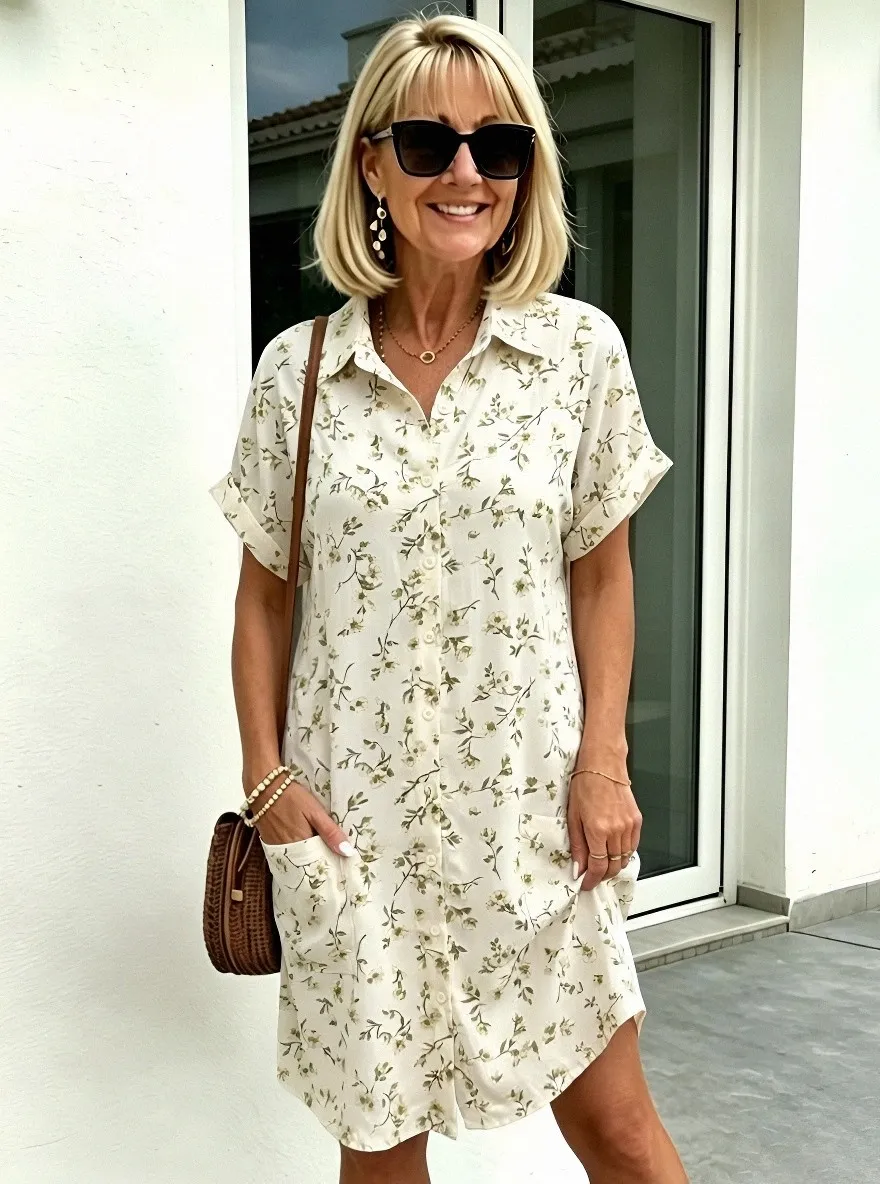 Women's Summer Vacation Sage Green Floral Printed Shirt Dress