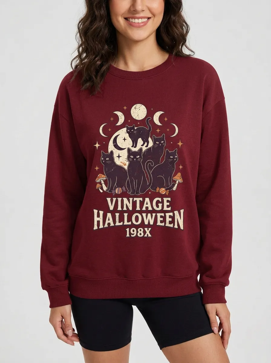 Women's Halloween Cat Lover Moon Mushroom Printed Sweatshirt
