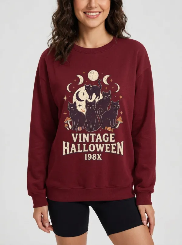 Women's Halloween Cat Lover Moon Mushroom Printed Sweatshirt