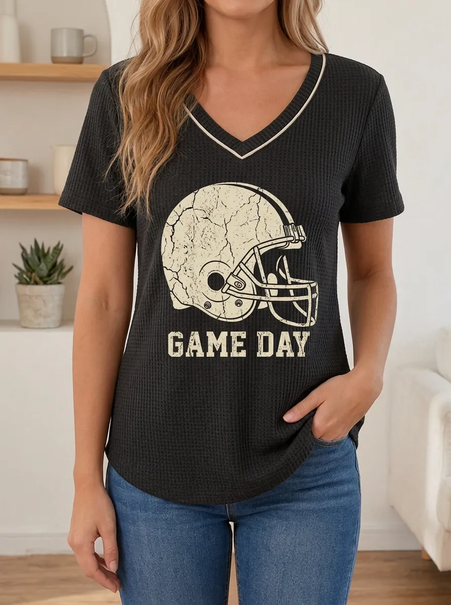 Women's Heritage Football Fan Game Day Helmet Printed Waffle Knit Top