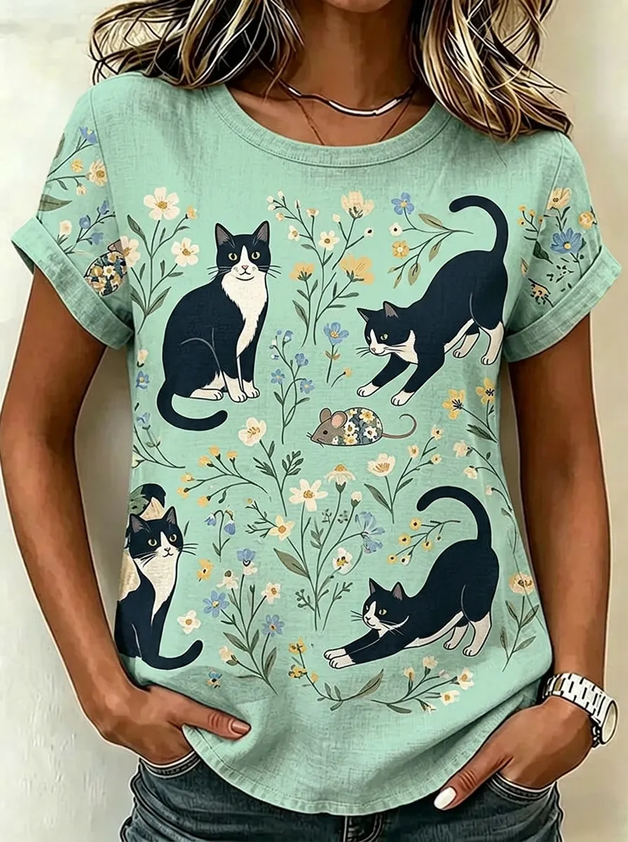 Women's Cat Lover Floral Kitten Mouse Printed Cotton Linen T-shirt