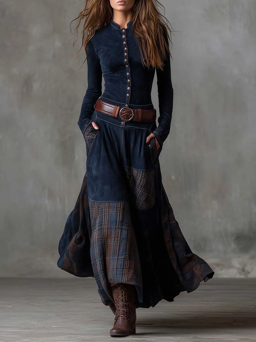 Vintage Patchwork Suede Maxi Dress With Plaid Panels