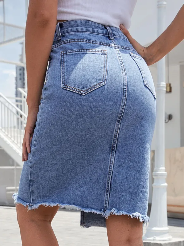 Balanced Button Front Denim Silhouette Skirt