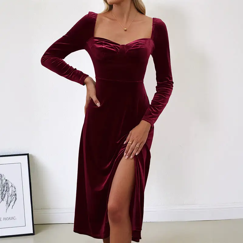Women's Fitted V-Neck Long-Sleeve Lace Maxi Dress