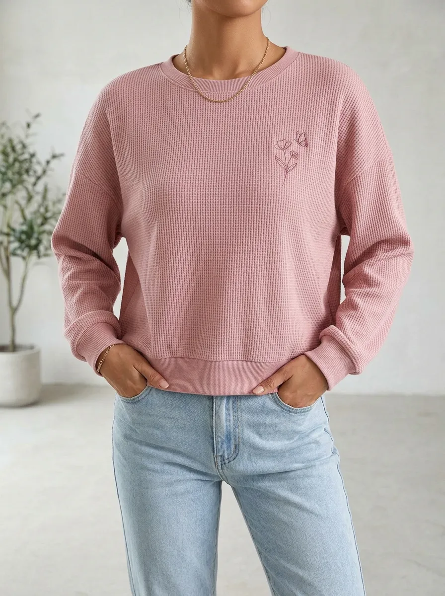 Women's Floral Butterfly Minimalist Line Art Printed Waffle Knit Sweatshirt