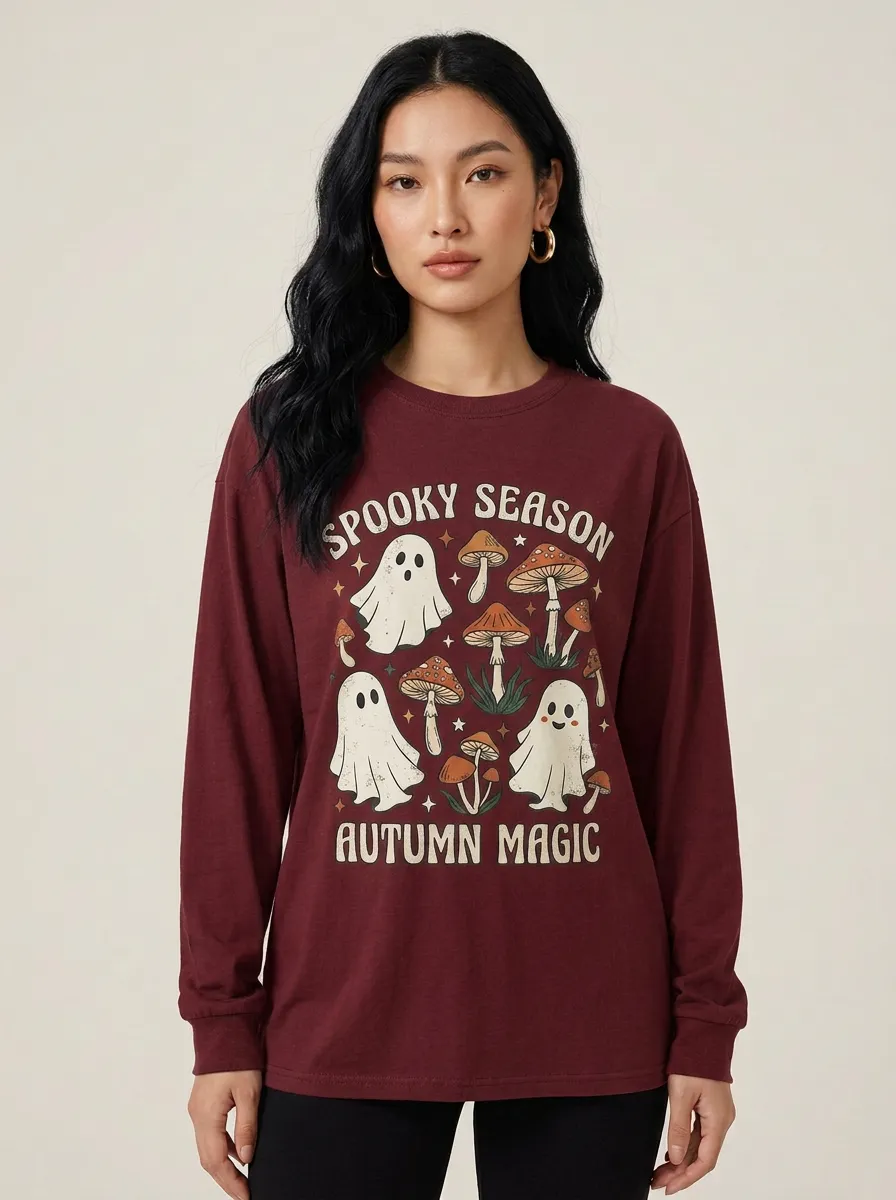 Women's Halloween Spooky Season Ghost Mushroom Printed Long Sleeve Shirt