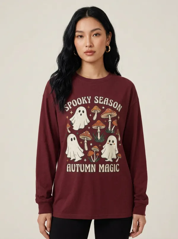 Women's Halloween Spooky Season Ghost Mushroom Printed Long Sleeve Shirt