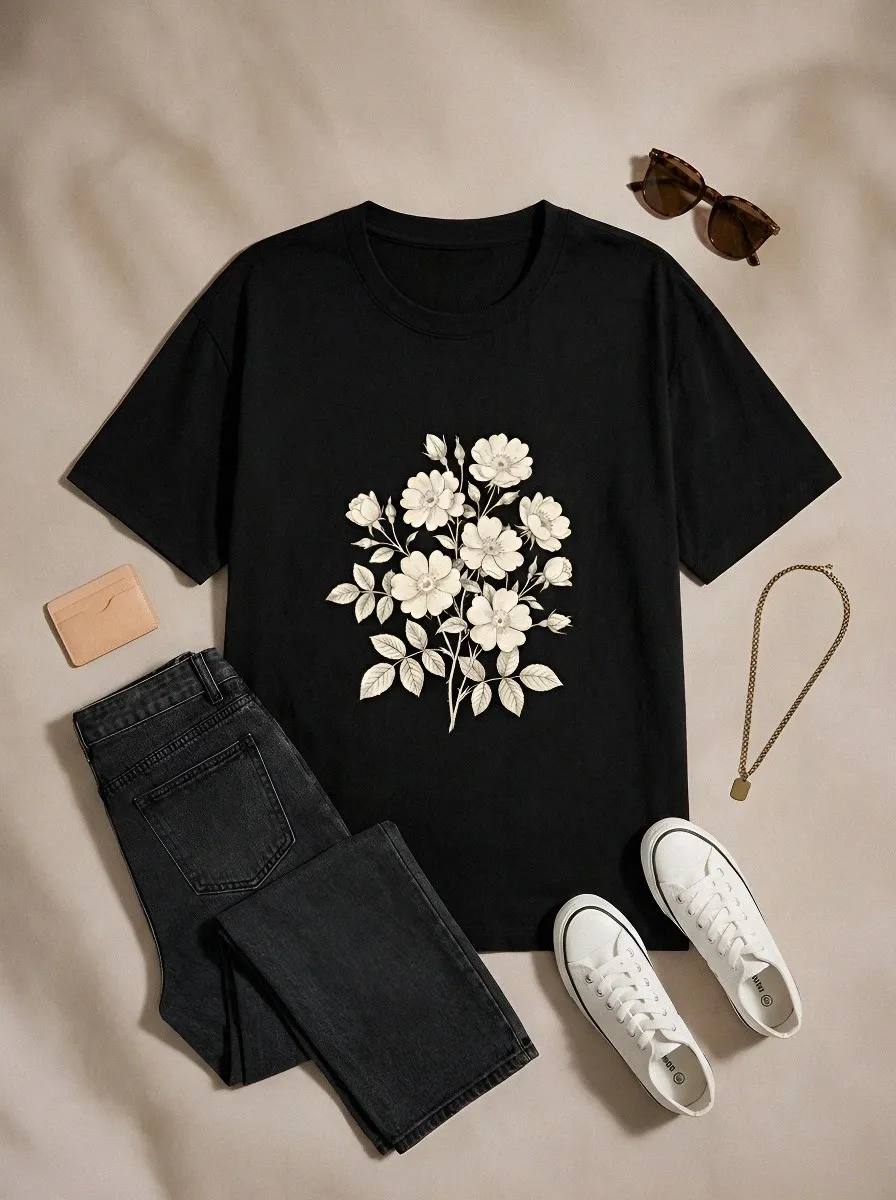 Unisex Botanical Flower Lover Vintage Rose Printed T-shirt