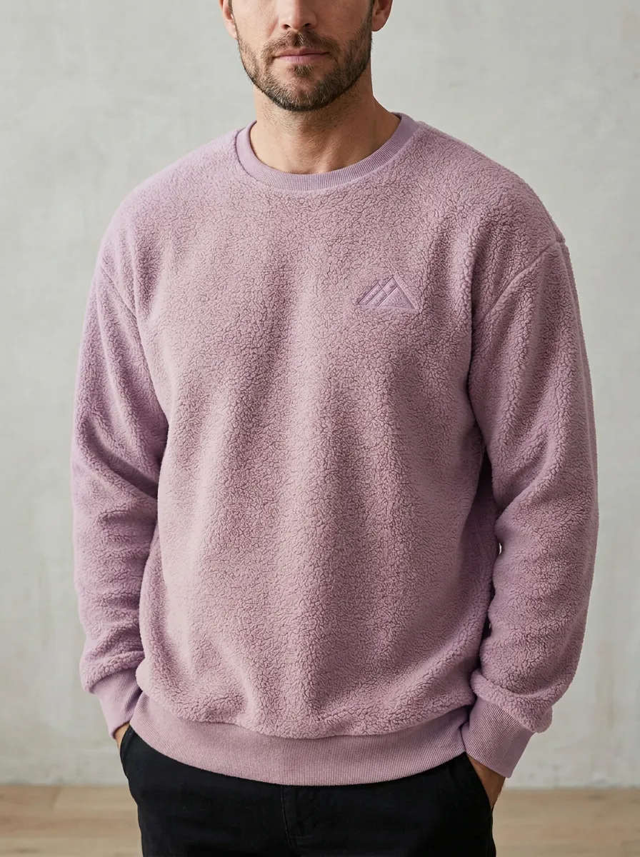 Traditional Mountain Graphic Embroidered Detail Men's Fleece Crewneck Sweatshirt