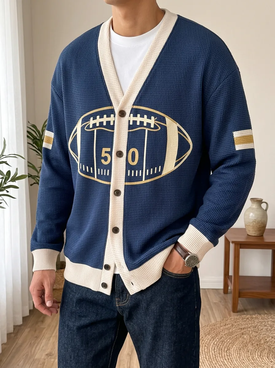 Men's American Football 50 Graphic Printed Waffle Knit Cardigan