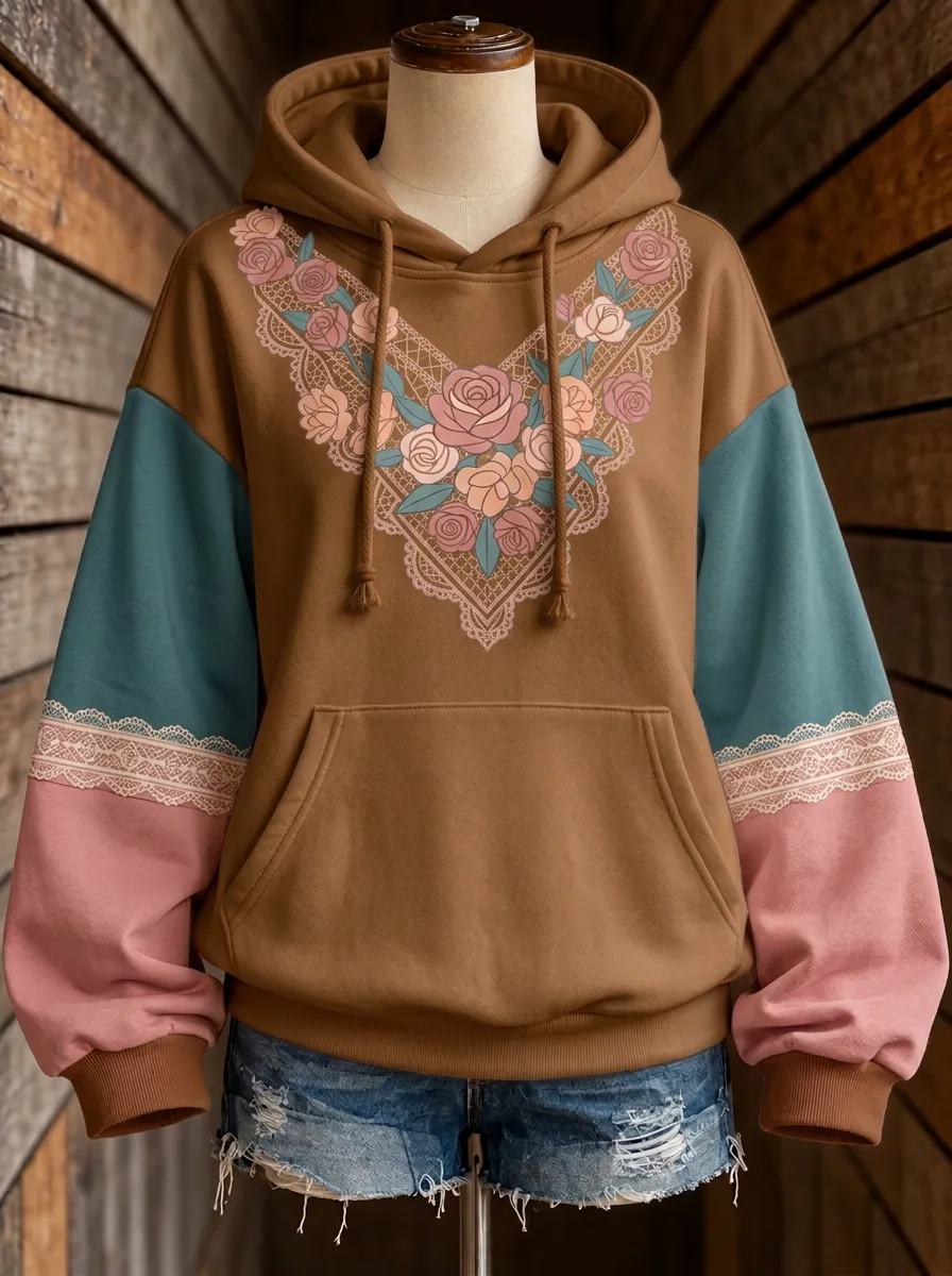 Women's Western Style Rose Lace Printed Hoodie